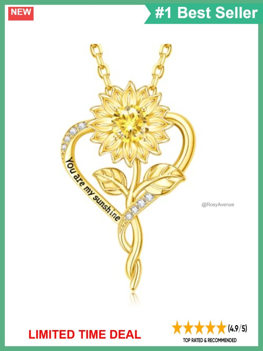 14k Gold Plated Sunflower Pendant Necklace with Moissanite & Cubic Zirconia